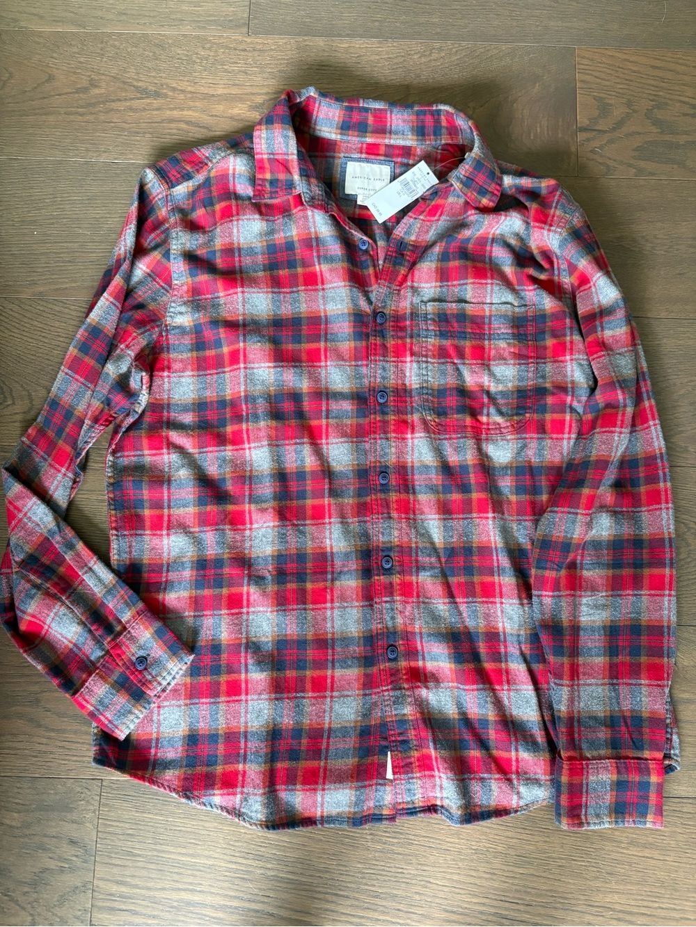 American Eagle Outfitters Red and Navy Plaid Flannel Shirt